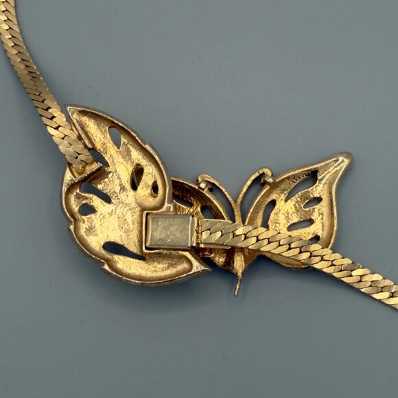 Vintage Gold-Tone Butterfly & Leaf Necklace With Textured Chain 16" - Picture 11 of 11